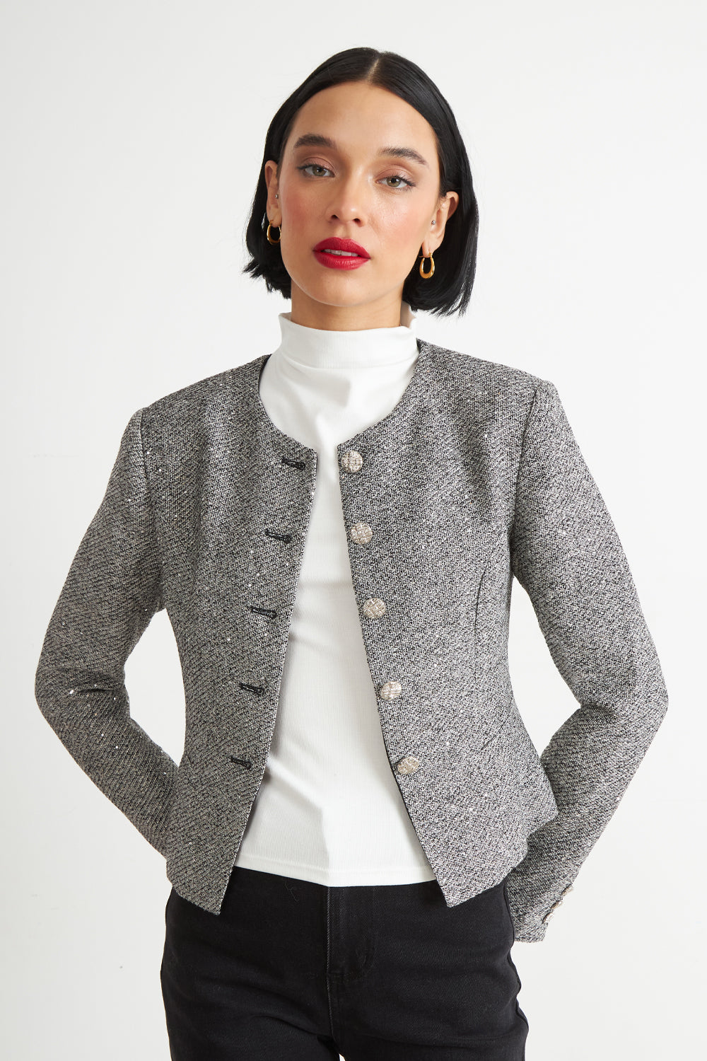 Blazer Cuello Redondo sin Solapa Gris