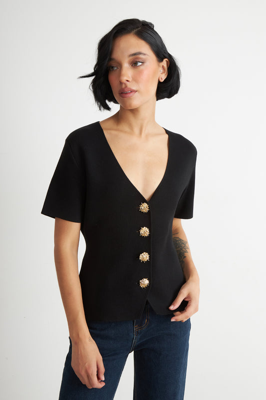 Polera Hilo Cuello V Botones Negro