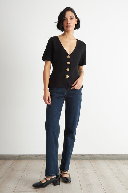 Polera Hilo Cuello V Botones Negro