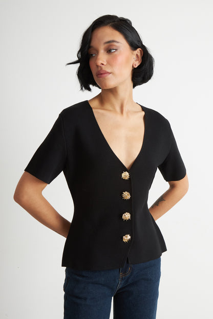 Polera Hilo Cuello V Botones Negro