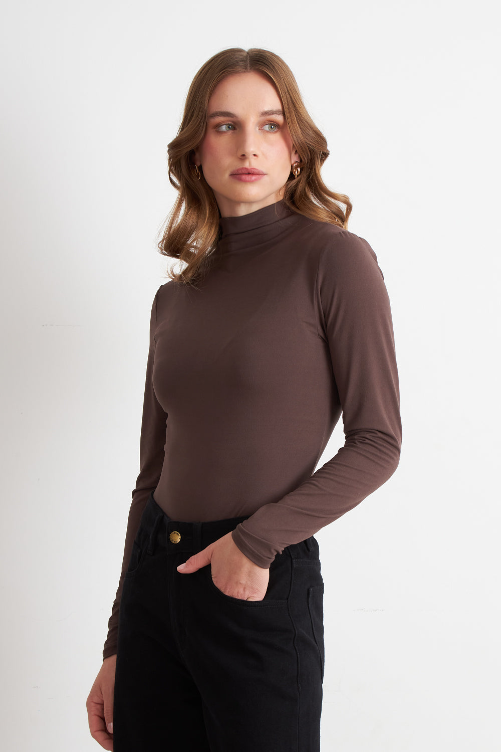 Polera Manga Larga Cuello Alto Café
