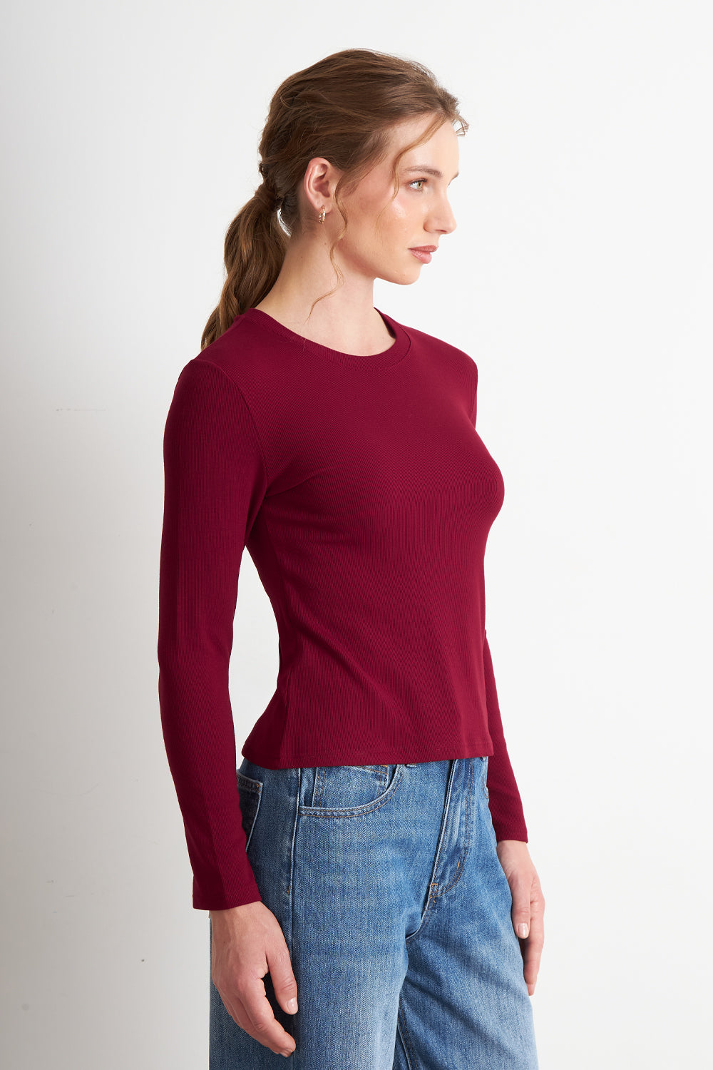 Polera Polar Manga Larga Burdeo