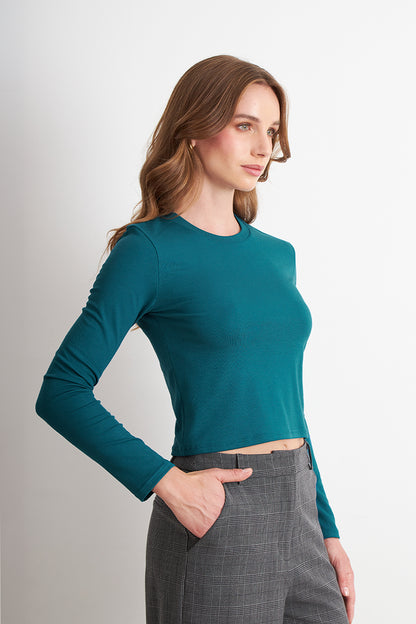 Polera Manga Larga Crop Verde Petróleo