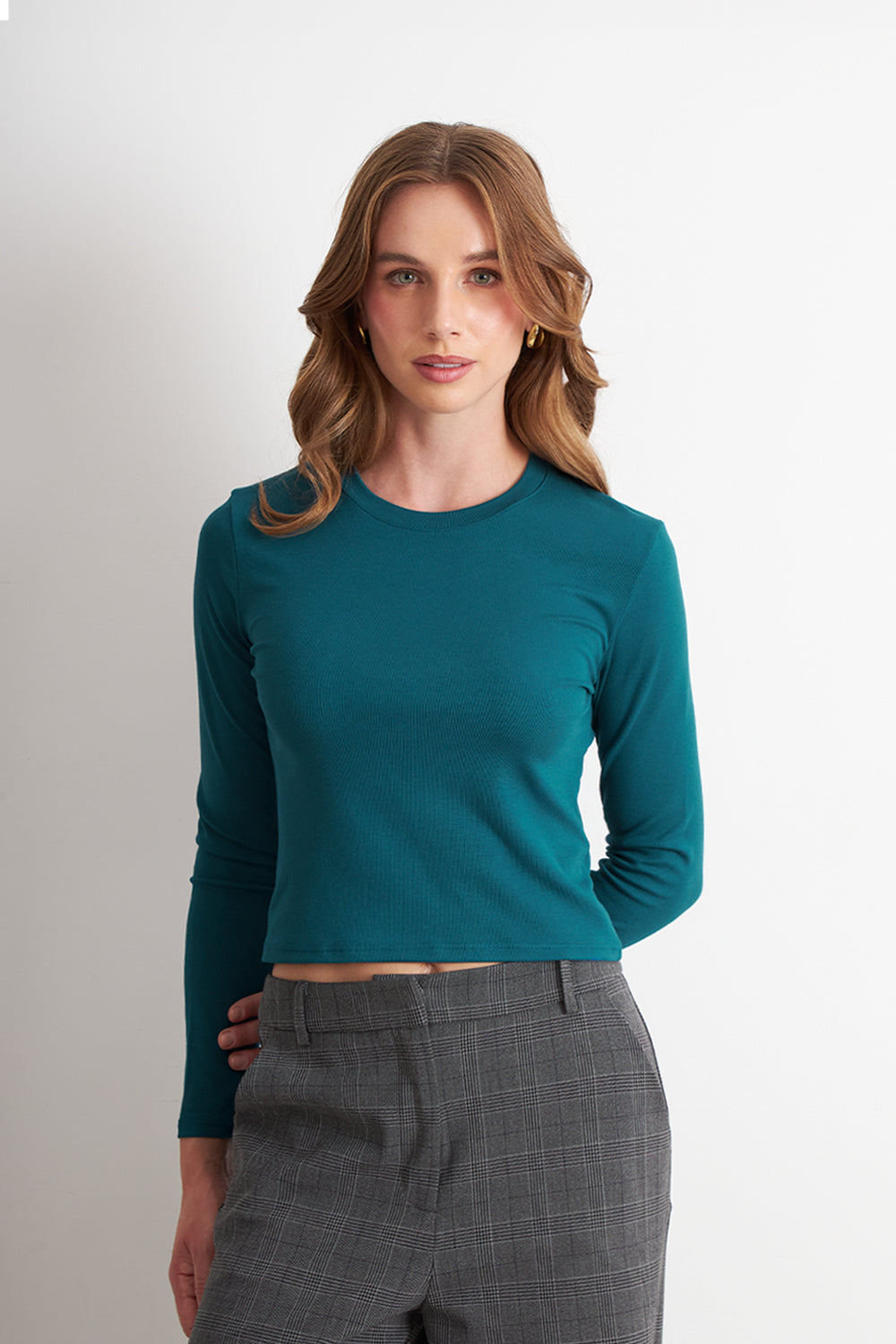 Polera Manga Larga Crop Verde Petróleo