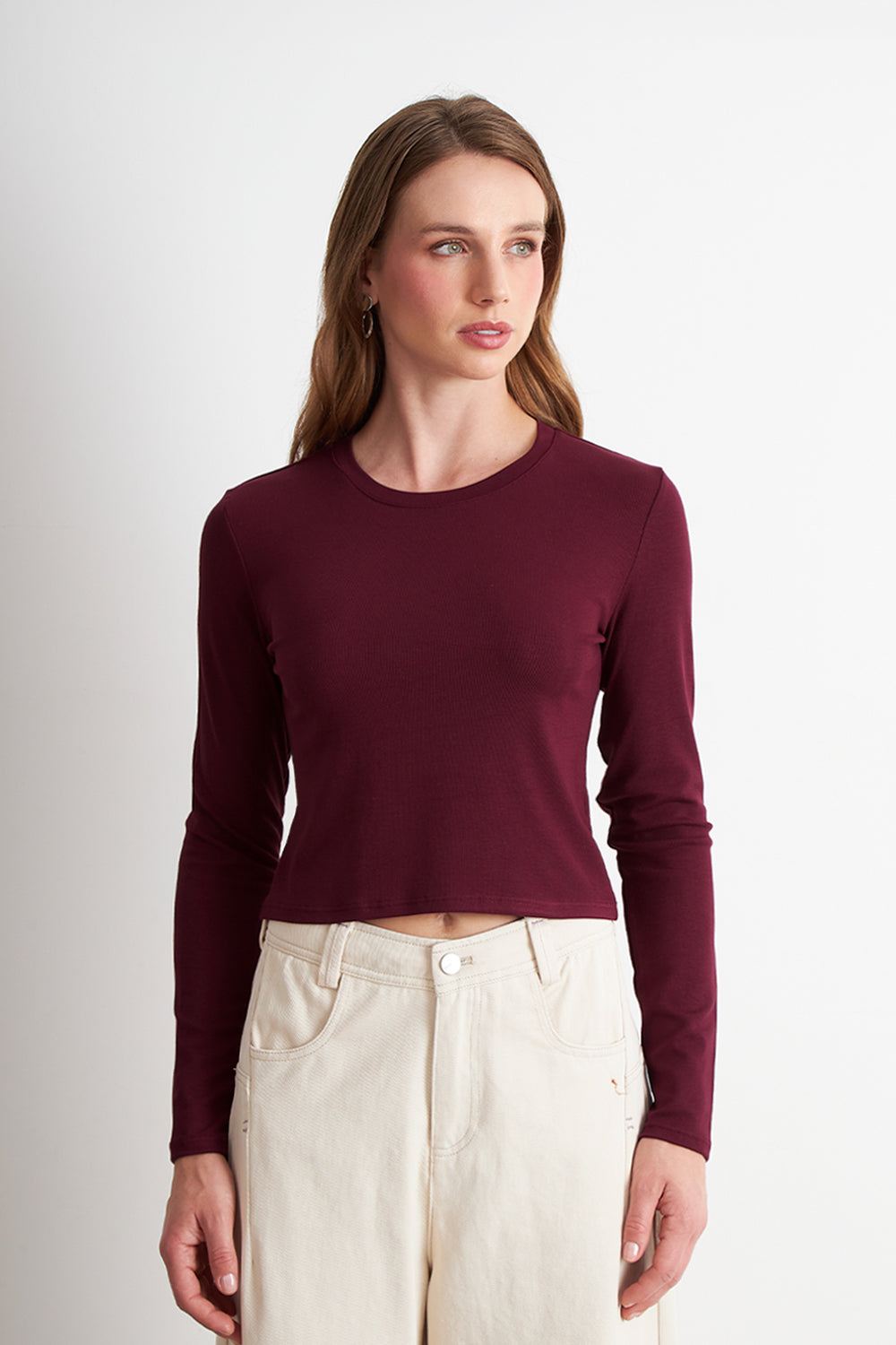 Polera Manga Larga Crop Burdeo