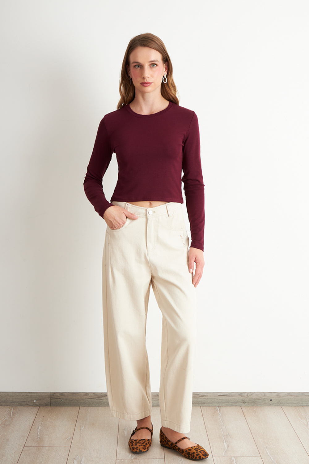 Polera Manga Larga Crop Burdeo