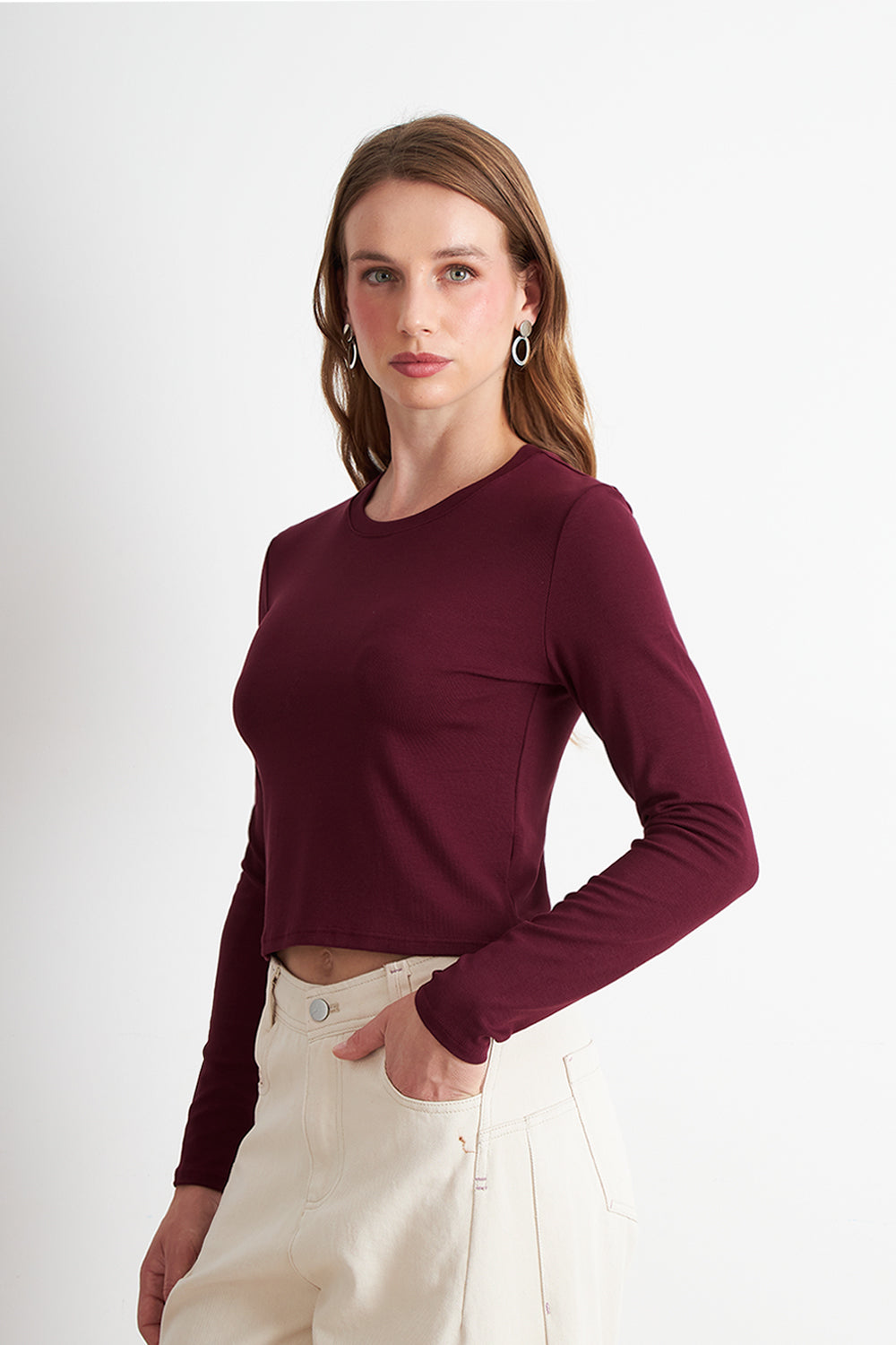 Polera Manga Larga Crop Burdeo