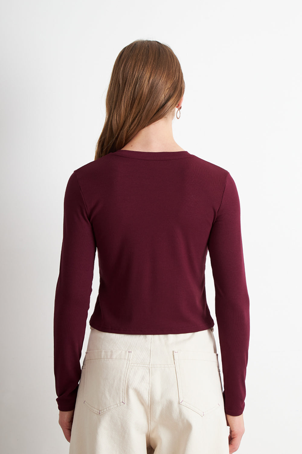 Polera Manga Larga Crop Burdeo