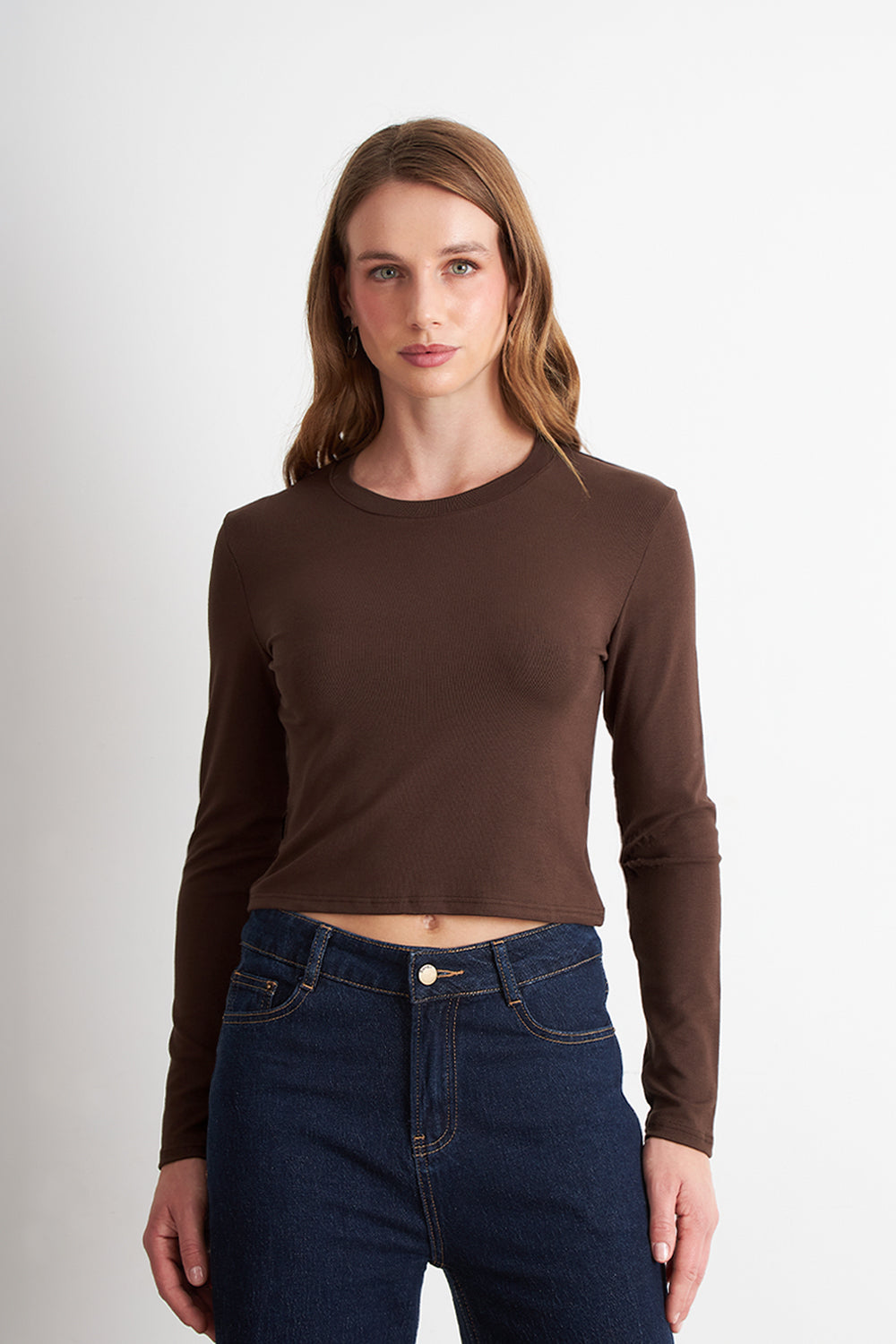 Polera Manga Larga Crop Café