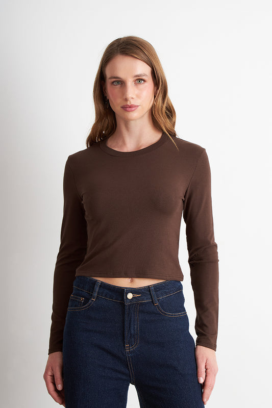 Polera Manga Larga Crop Café
