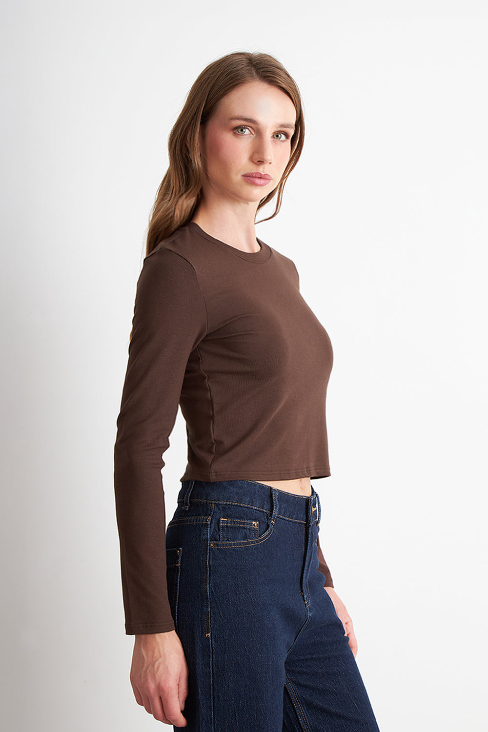 Polera Manga Larga Crop Café