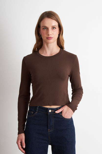 Polera Manga Larga Crop Café