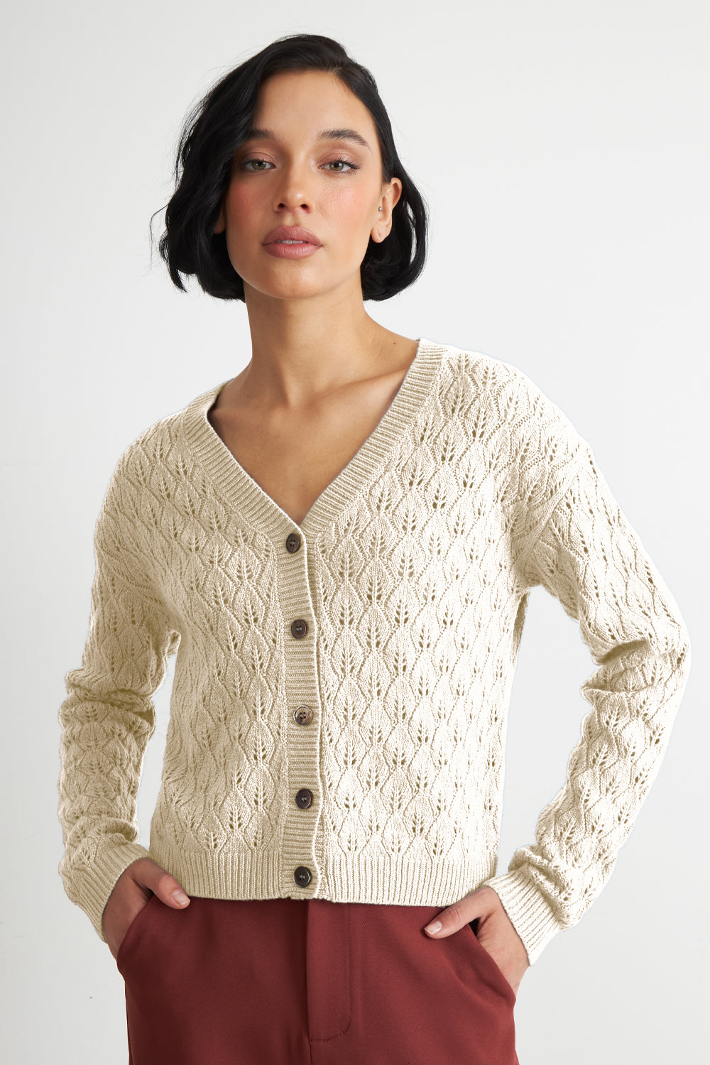 Cárdigan Tejido Calado Cuello V Blanco