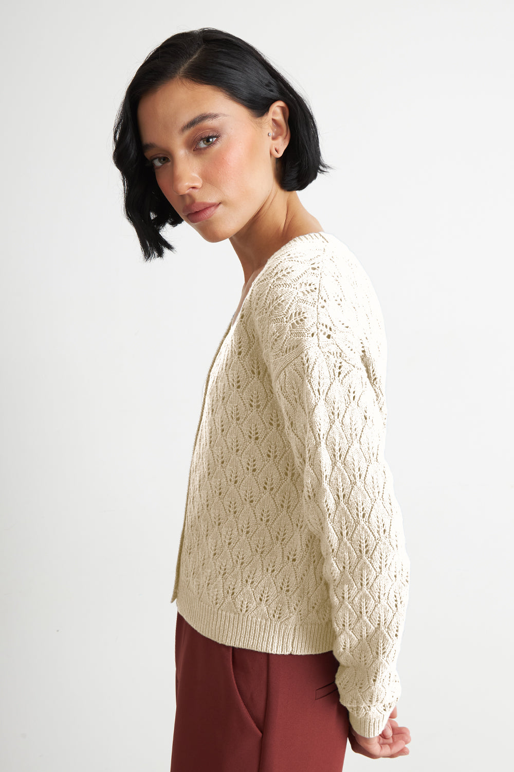 Cárdigan Tejido Calado Cuello V Blanco