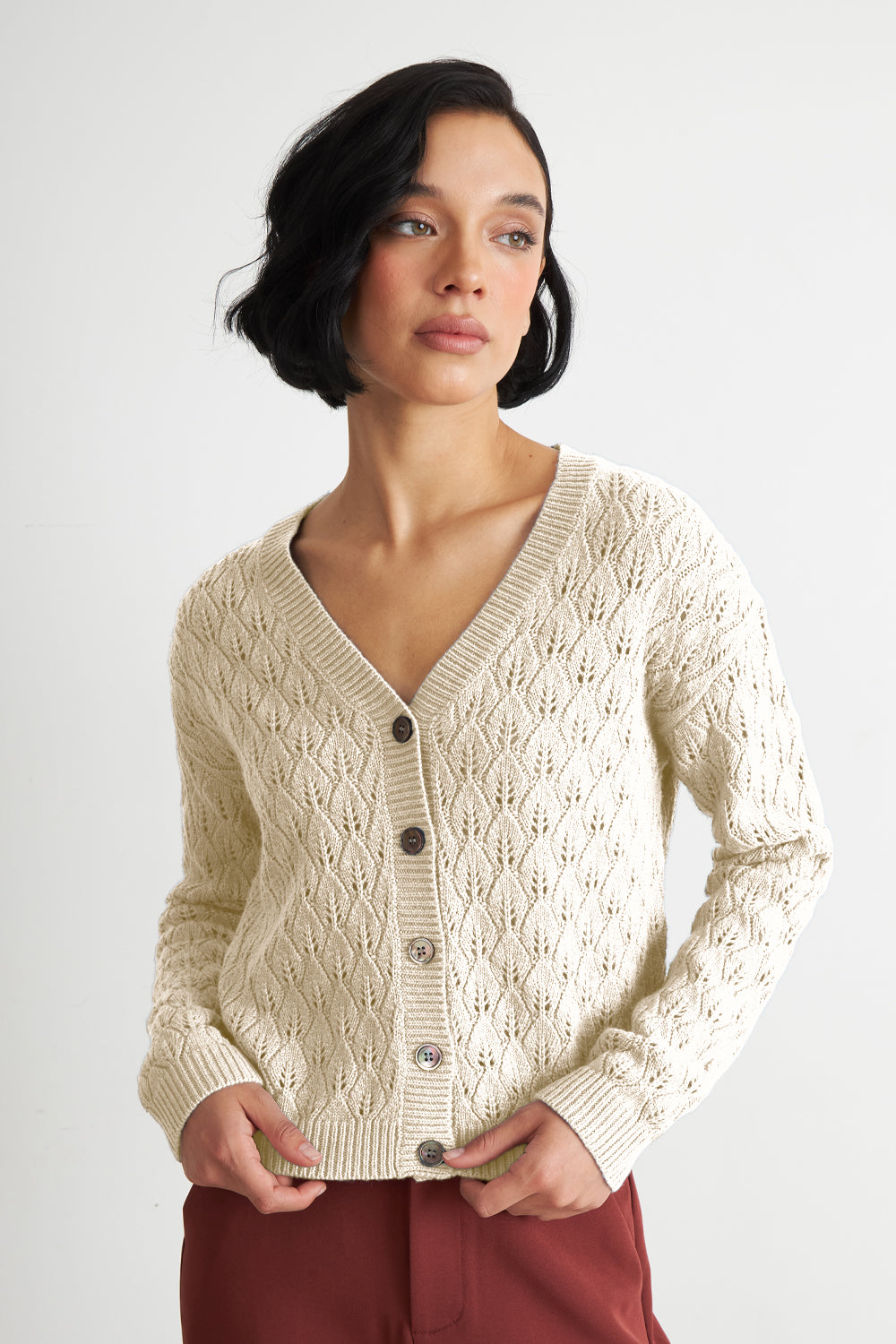 Cárdigan Tejido Calado Cuello V Blanco