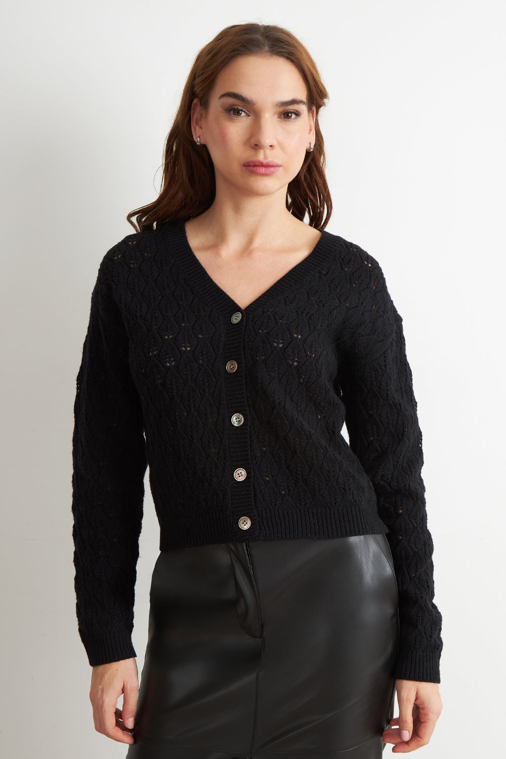 Cárdigan Tejido Calado Cuello V Negro