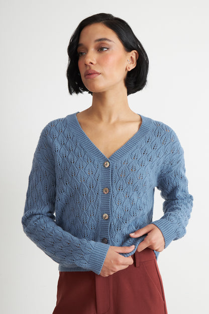 Cárdigan Tejido Calado Cuello V Celeste