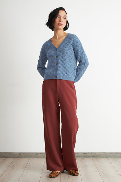 Cárdigan Tejido Calado Cuello V Celeste