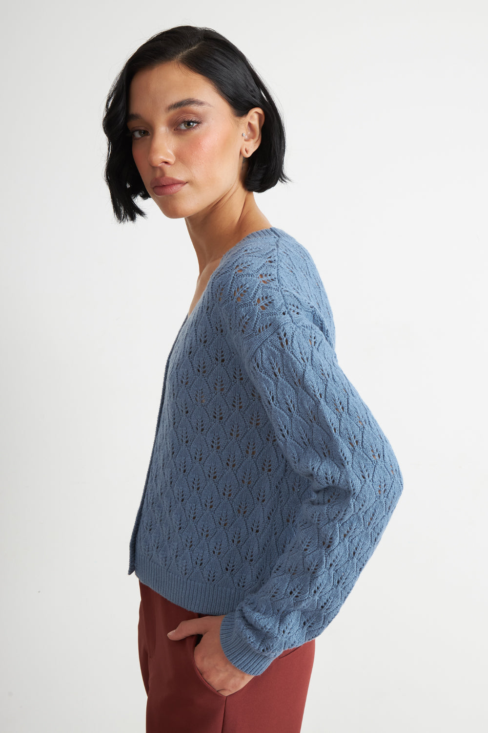 Cárdigan Tejido Calado Cuello V Celeste