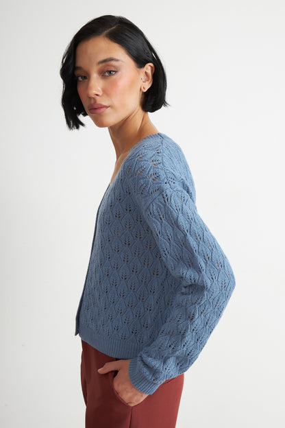 Cárdigan Tejido Calado Cuello V Celeste