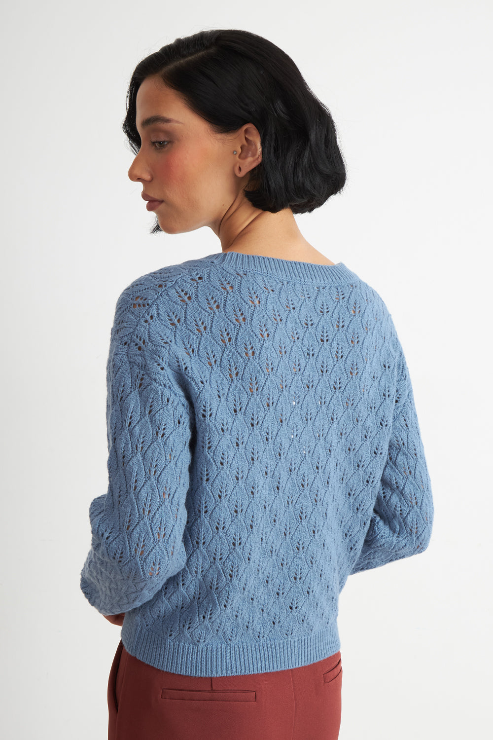 Cárdigan Tejido Calado Cuello V Celeste