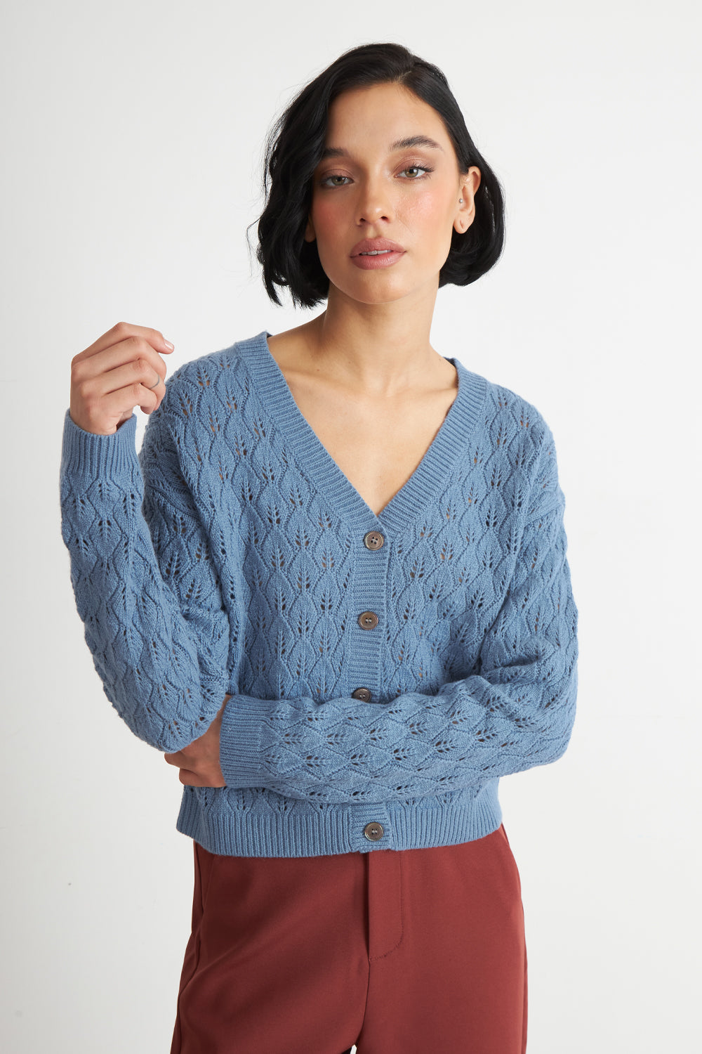 Cárdigan Tejido Calado Cuello V Celeste