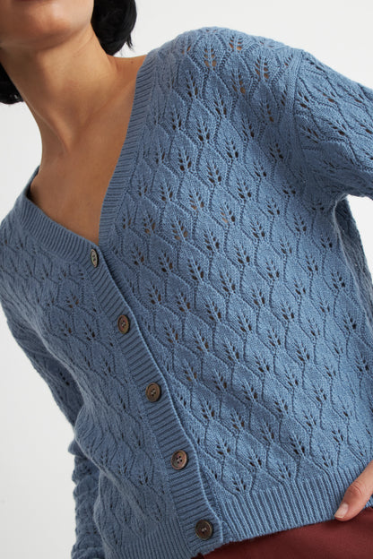 Cárdigan Tejido Calado Cuello V Celeste