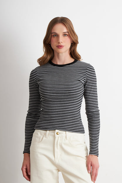 Polera Rayas Manga Larga Grafito