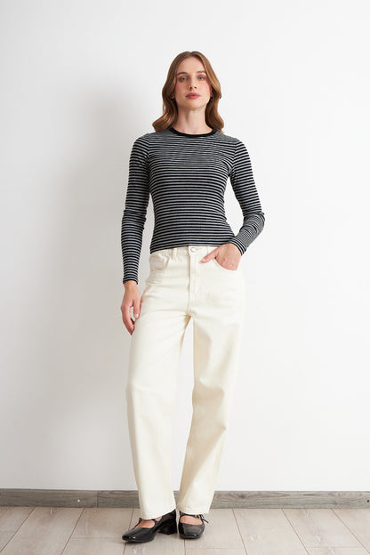 Polera Rayas Manga Larga Grafito