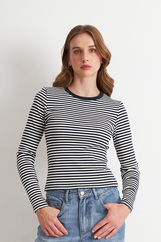 Polera Rayas Manga Larga Azul Marino