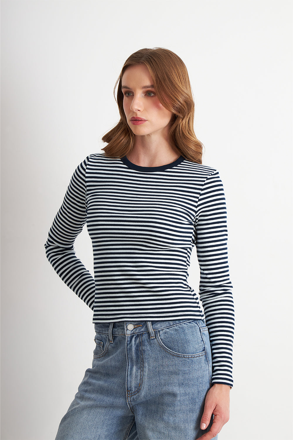 Polera Rayas Manga Larga Azul Marino