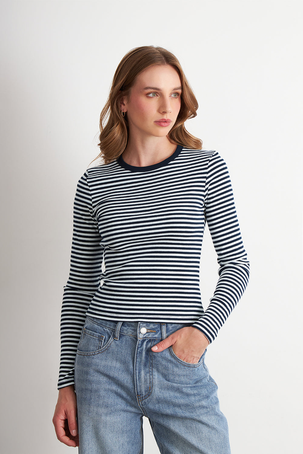 Polera Rayas Manga Larga Azul Marino