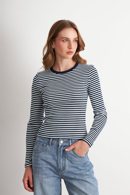 Polera Rayas Manga Larga Azul Marino