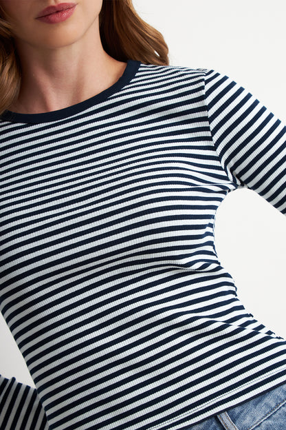 Polera Rayas Manga Larga Azul Marino