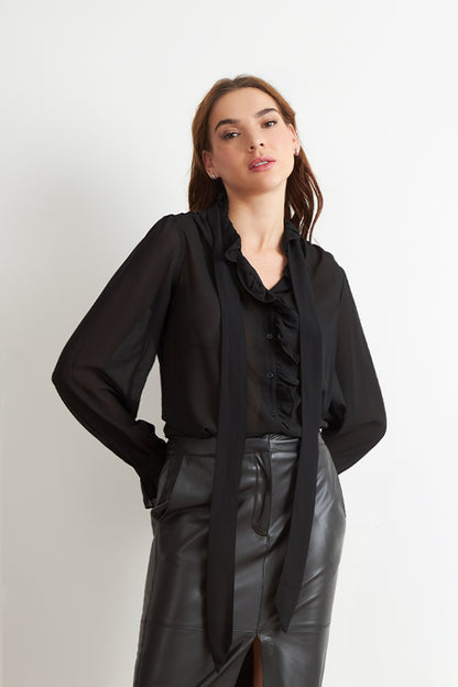Blusa Corbatín y Vuelos Negro