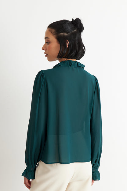 Blusa Corbatín y Vuelos Verde Azulado