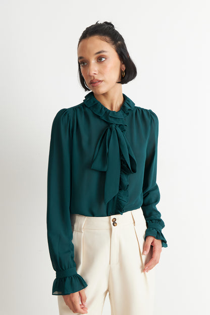 Blusa Corbatín y Vuelos Verde Azulado