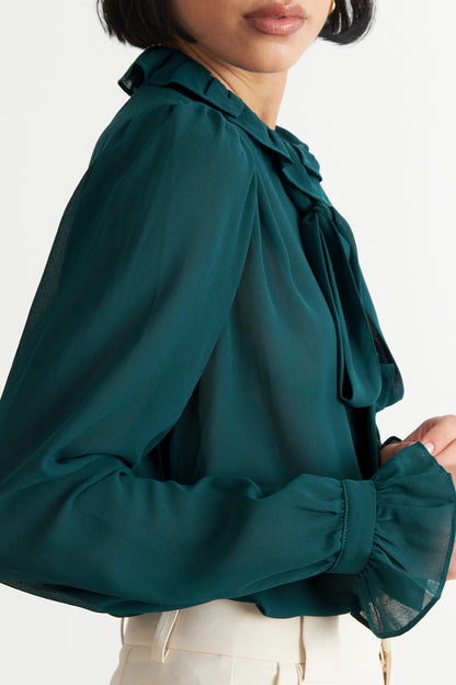 Blusa Corbatín y Vuelos Verde Azulado