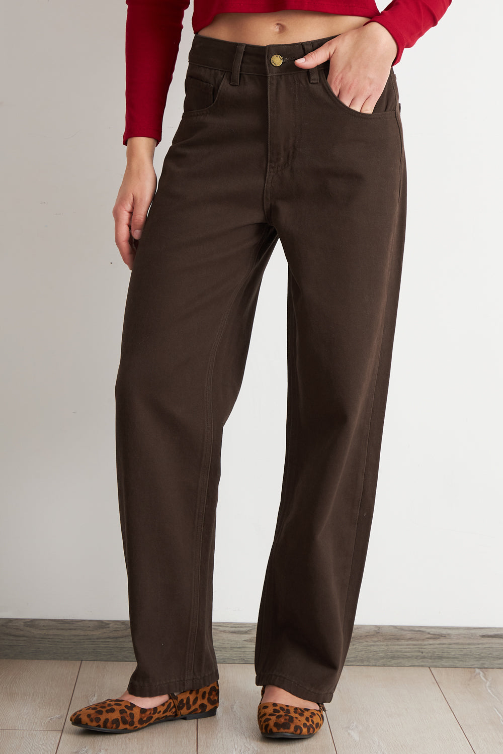 Jeans Rectos Tiro Alto Café