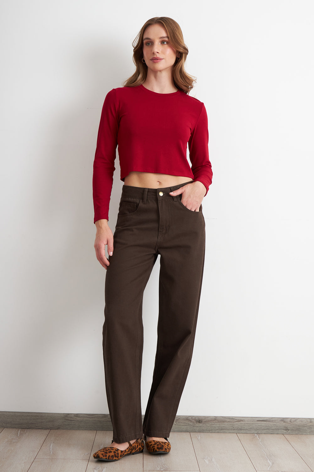 Jeans Rectos Tiro Alto Café