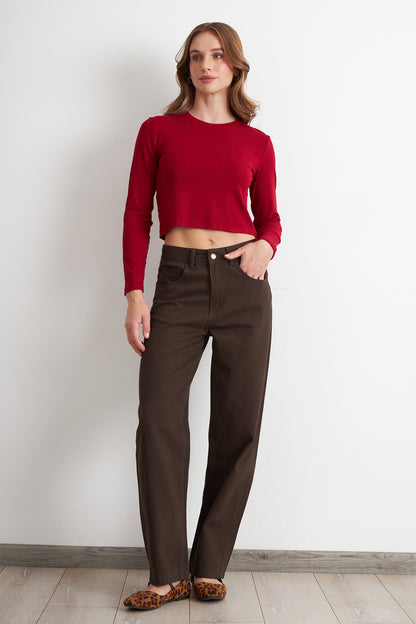 Jeans Rectos Tiro Alto Café