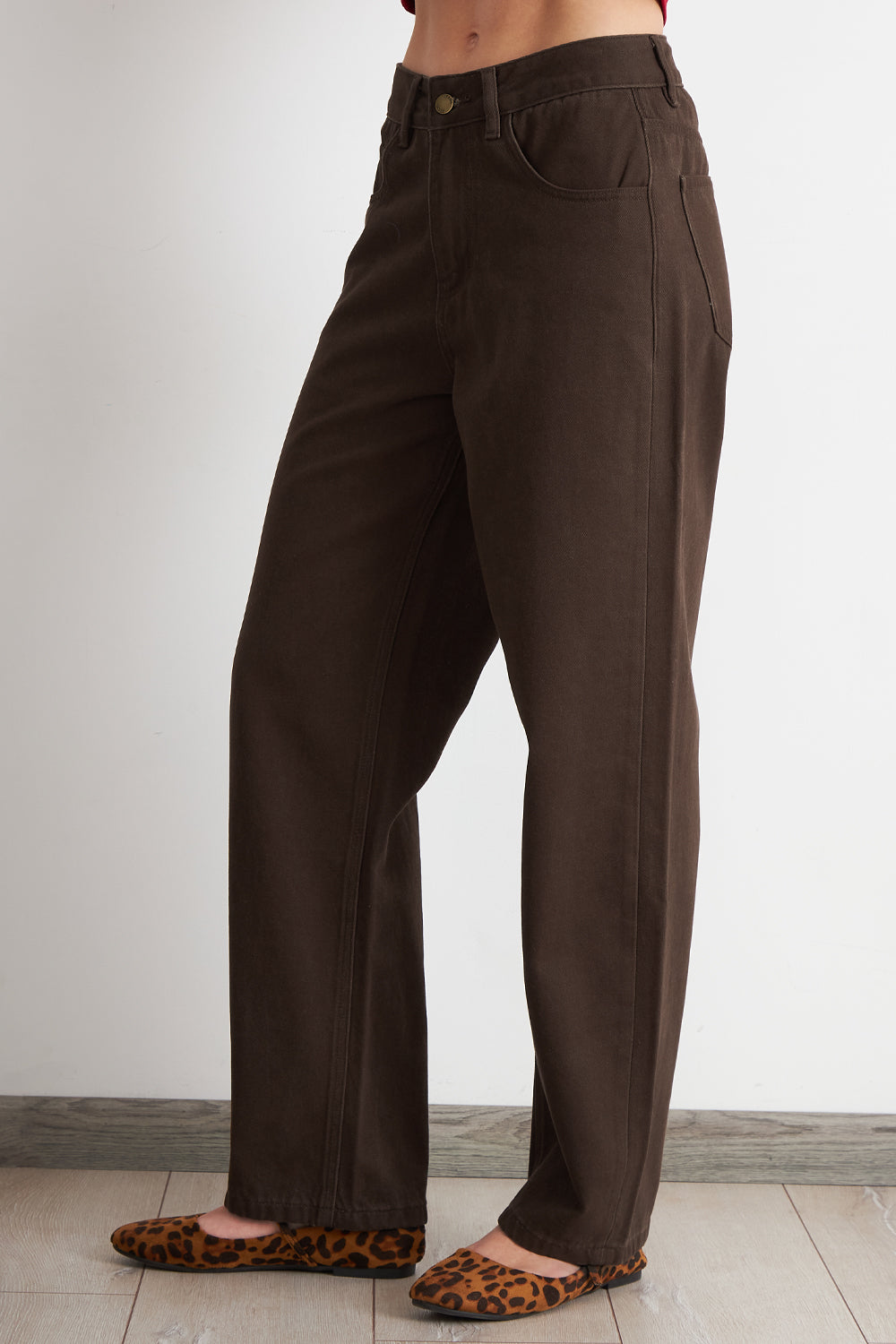 Jeans Rectos Tiro Alto Café