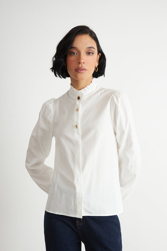 Blusa Cuello Mao Manga Globo Blanco