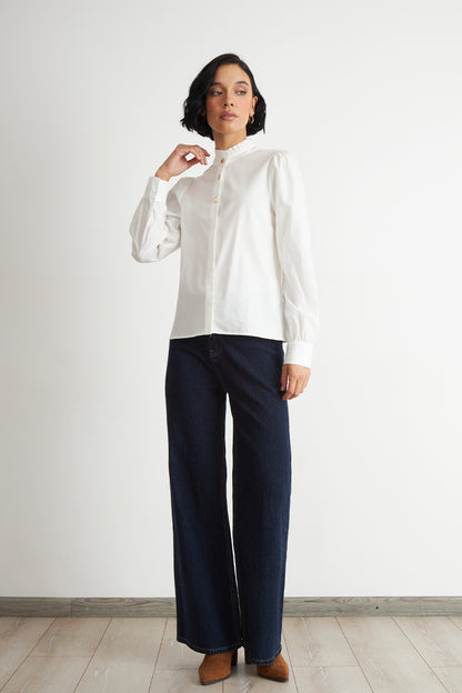 Blusa Cuello Mao Manga Globo Blanco