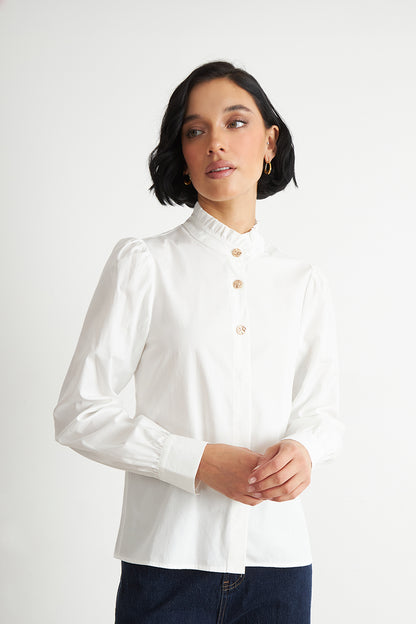 Blusa Cuello Mao Manga Globo Blanco