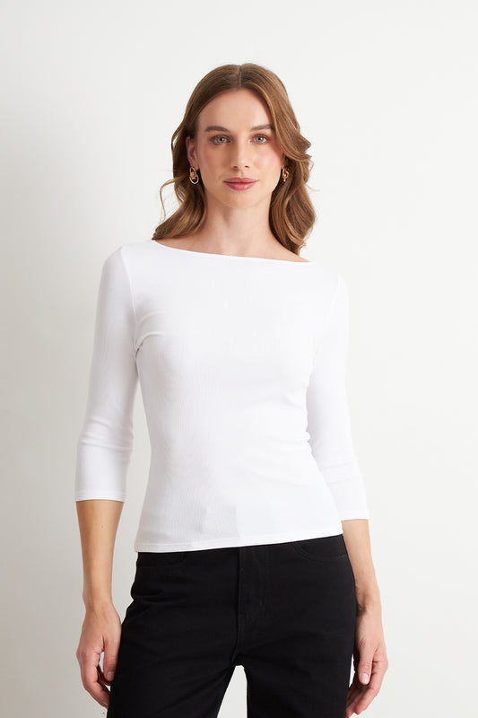 Polera Manga 3/4 Cuello Bote Blanco