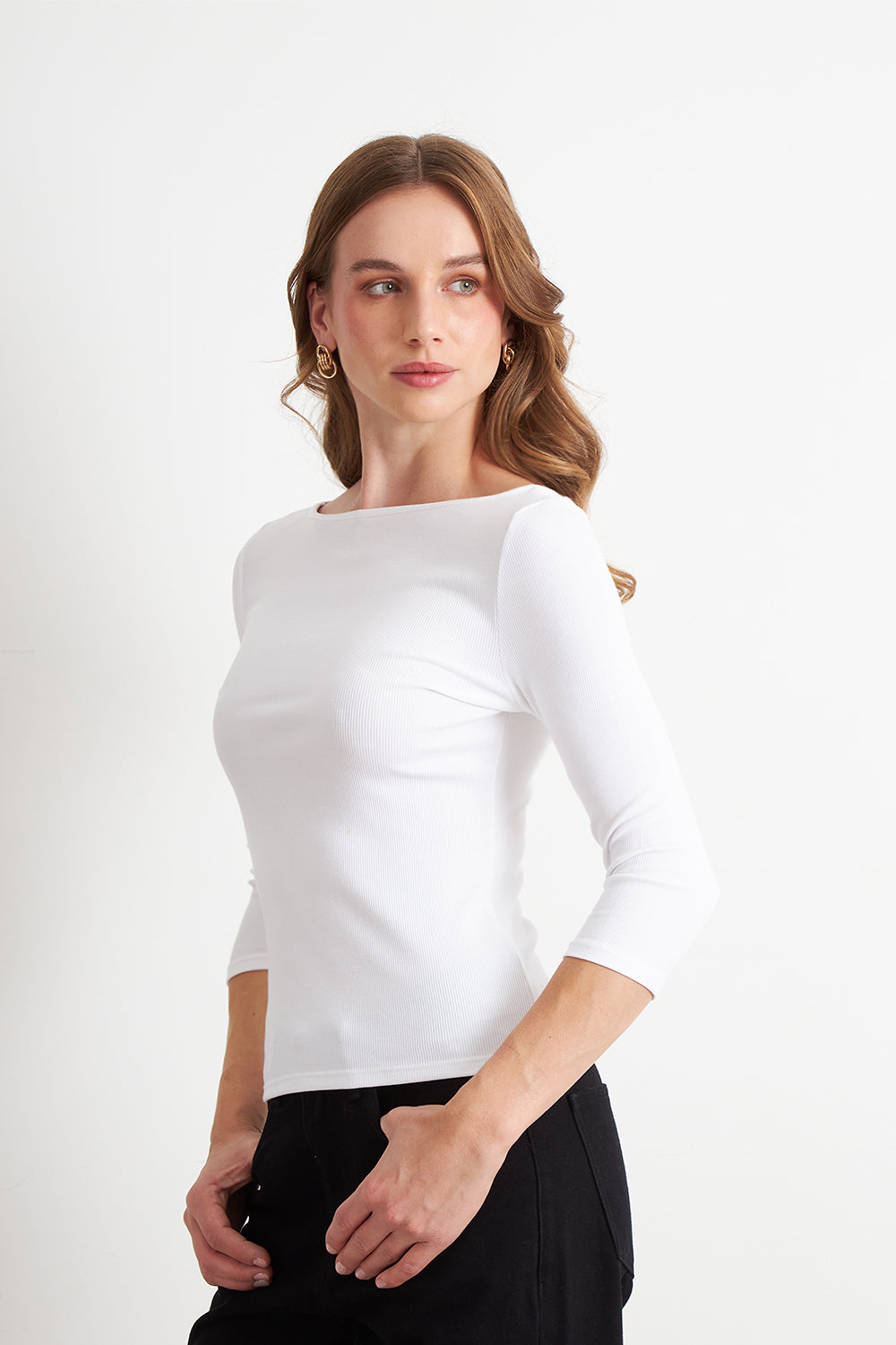 Polera Manga 3/4 Cuello Bote Blanco