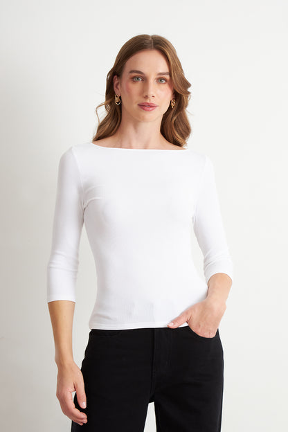 Polera Manga 3/4 Cuello Bote Blanco