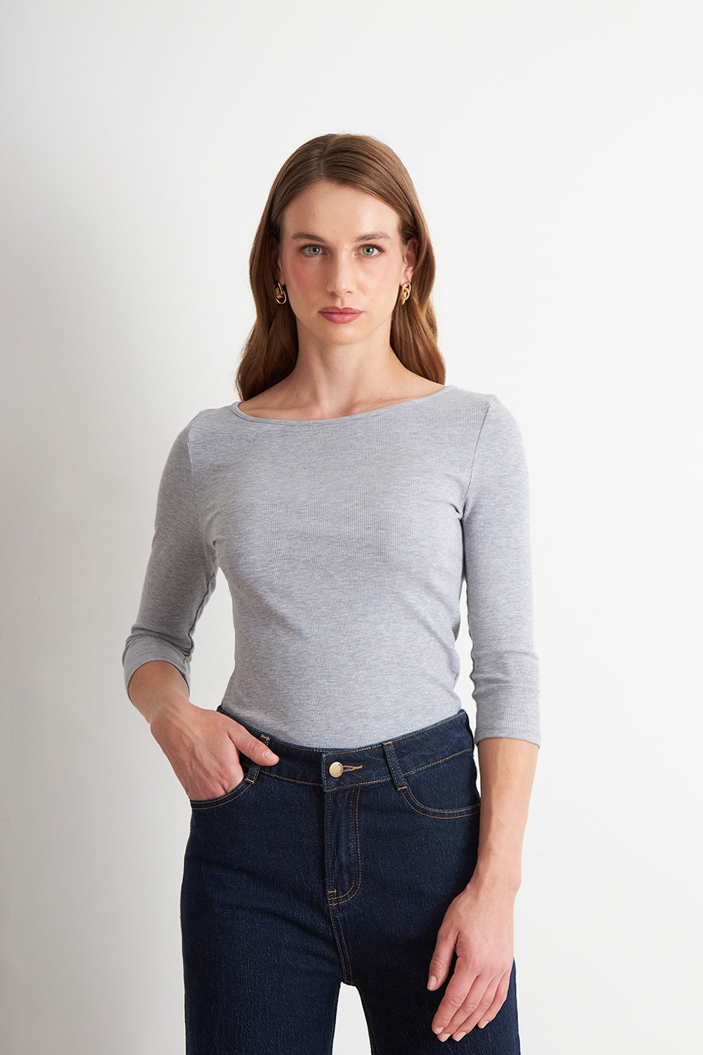 Polera Manga 3/4 Cuello Bote Gris