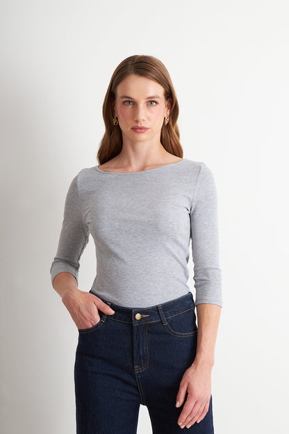 Polera Manga 3/4 Cuello Bote Gris